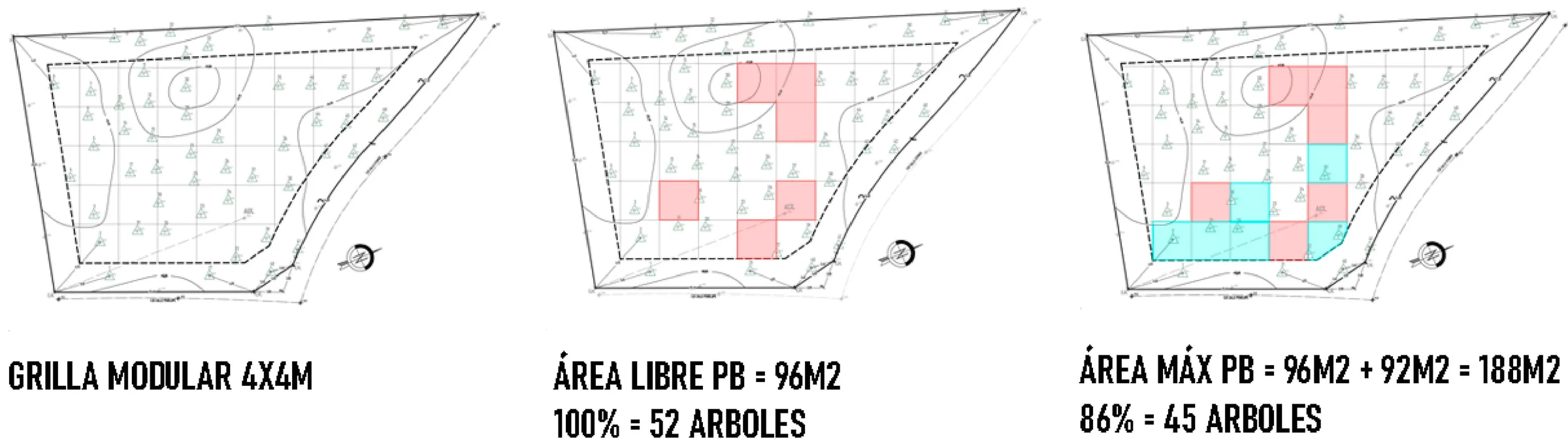 Análisis de terreno: grilla modular 4x4 m y árboles a conservar
