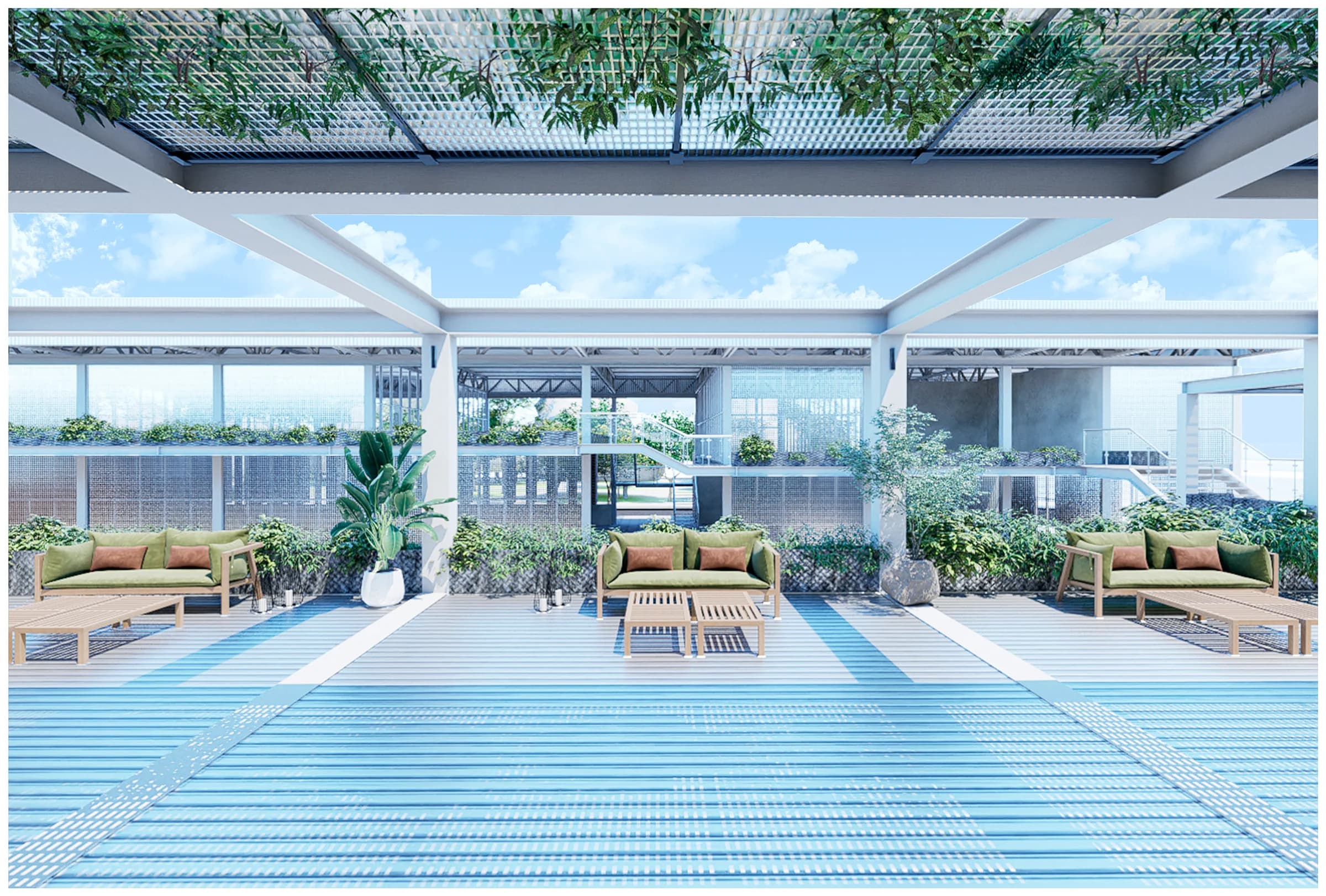 Render: terraza con pileta bajo cubierta verde