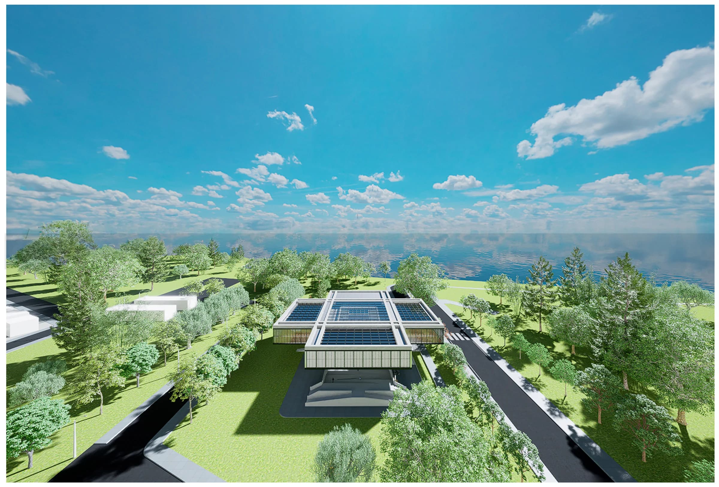 Render aéreo junto al río