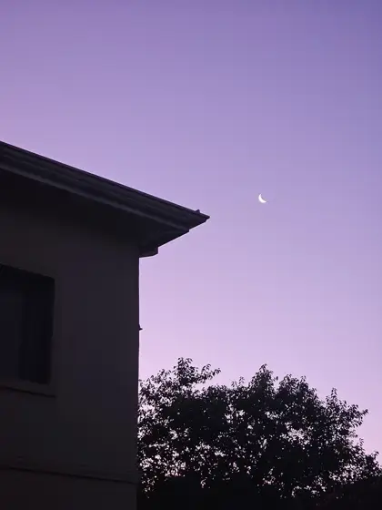 Alero y fachada en silueta bajo un cielo violeta.