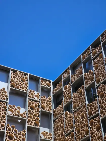 Piezas cerámicas formando una celosía de profundidad variable.