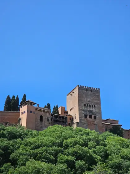 Torres y murallas emergiendo sobre una ladera verde.