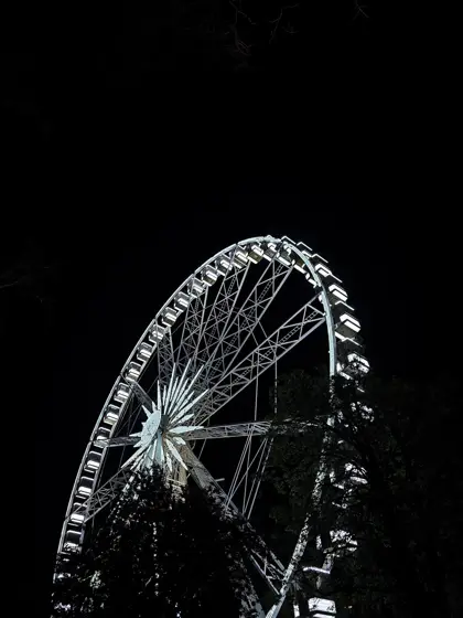 Luz de una rueda panorámica frente al cielo nocturno.
