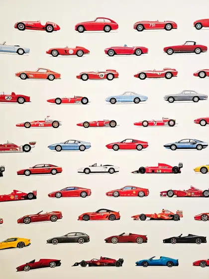 Una colección gráfica de automóviles sobre un plano blanco.